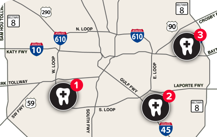 Map of emergency dentist locations in the Houston area