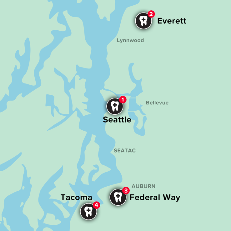 Map of emergency dentist locations in the Seattle-Tacoma area
